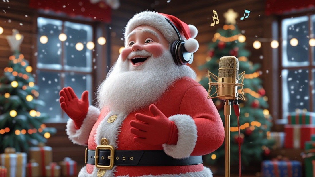 Santa singing into a microphone at the North Pole